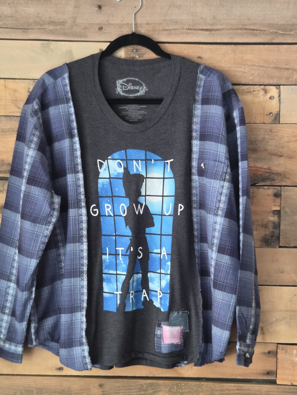 Disney Charcoal Tee with Blue Window Silhouette and Blue Plaid Overshirt